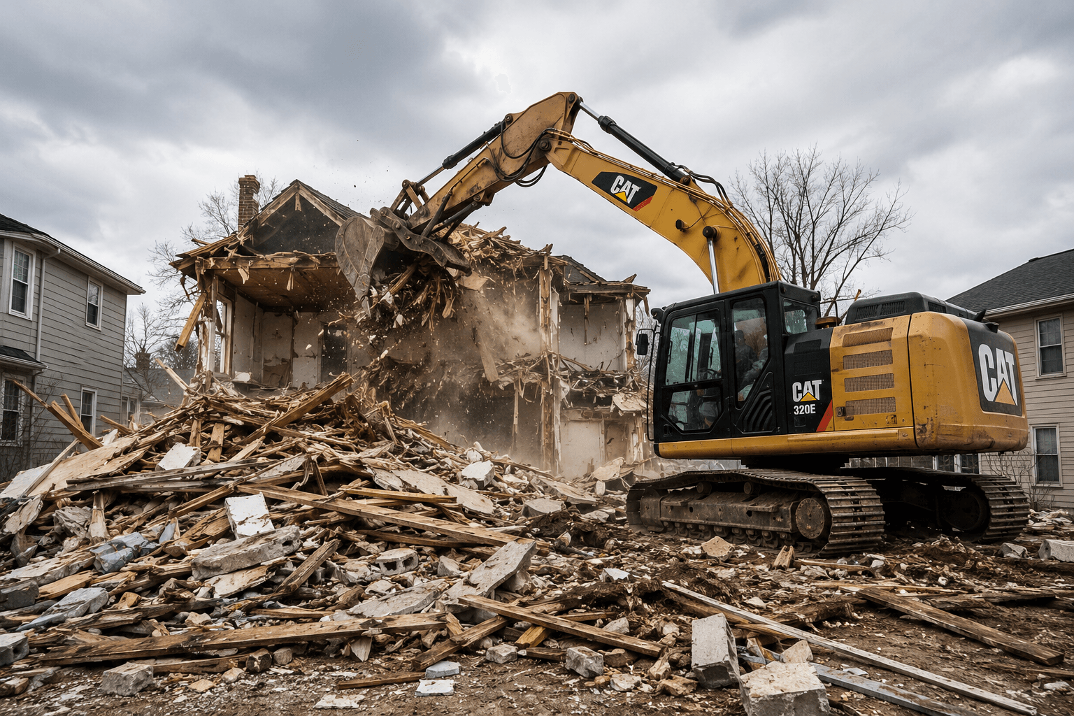 Excavator tearing down a residential structure